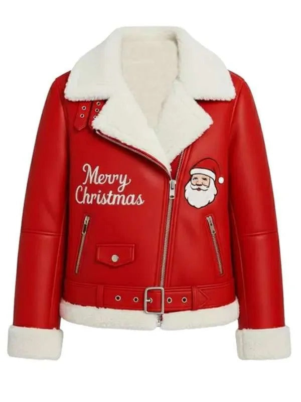 Red Shearling Santa Jacket | Women’s Festive Leather Jacket