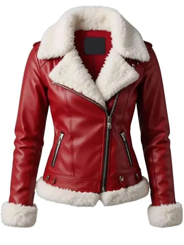 Women Red Shearling Jacket | Holiday Leather Outerwear