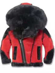 Red & Black Shearling Hooded Jacket | Men’s Warm Leather Jacket