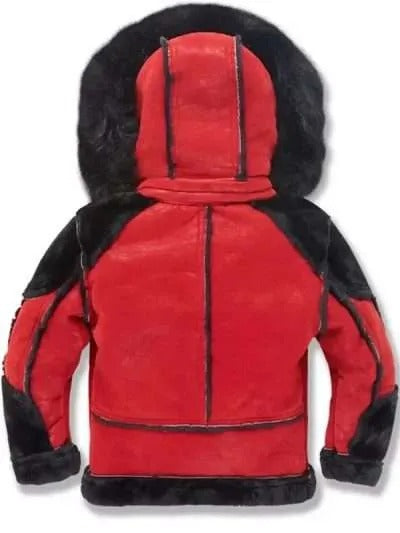 Red & Black Shearling Hooded Jacket | Men’s Warm Leather Jacket